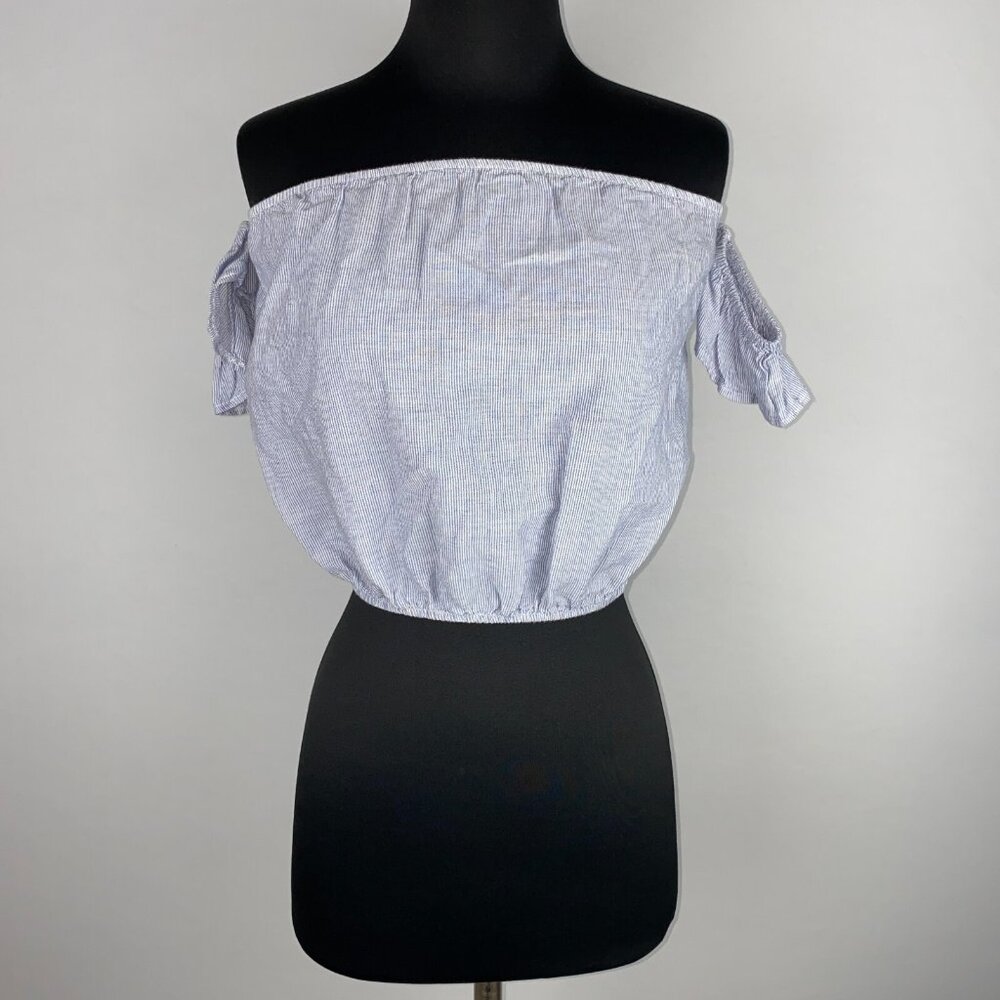 Brandy Melville Off The Shoulder Crop Top One Size Blue White Striped Beach Boho - Picture 5 of 16